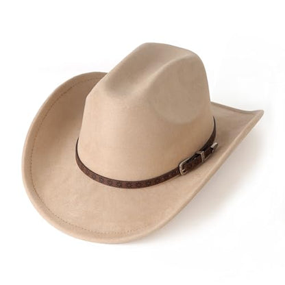 Western Cowboy Hat for Women Men Retro Suede Hat - color: Camel-small Flower Belt