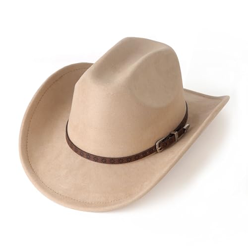 Western Cowboy Hat for Women Men Retro Suede Hat - color: Camel-small Flower Belt