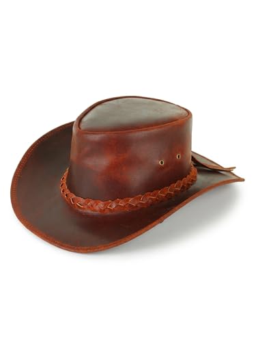 Genuine Leather Cowboy Hat for Men & Women – Western Outback Hat with Chin Strap & Sun Protection - color: Reddish Brown, size: XX-Large