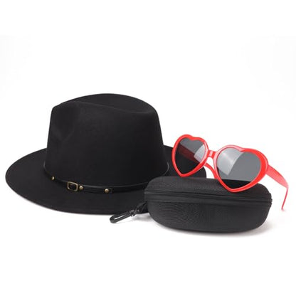 DRESHOW Women Classic Felt Fedora Wide Brim Floppy with Belt Buckle Panama Hat - color: 01 Set: Felt Fedora Black + Heart Eyeglasses + Eyeglass Case