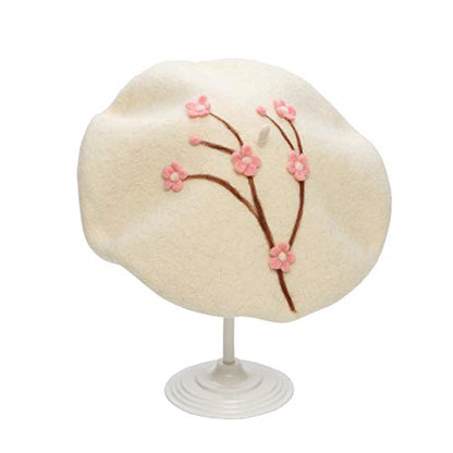 Handmade Wool Beret Hat French Style Needle Felt Flower Beanies Women Winter Autumn Cap - color: White Plum Pink Blossom, size: 7 1/8-7 3/8