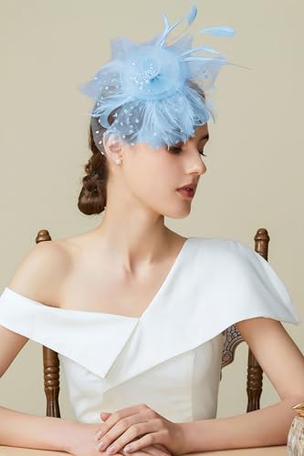 BABEYOND Fascinators Hats for Women Tea Party Flower Tulle Bead Derby Hat - color: Light Blue