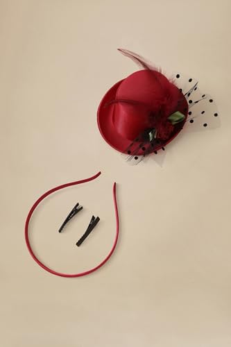 BABEYOND Mini Top Fascinators Hats for Women Feather 1920s Costume Hat - color: Wine Red