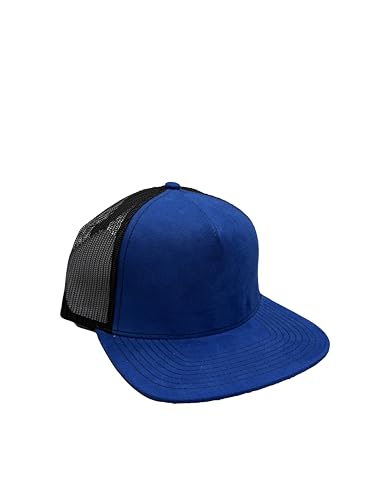 Ashen Fane Faux Suede Polyester Blend 5 Panel Classic Flat or Round Visor Adjustable Snapback Mesh Back Trucker Hat - color: Flat - Royal