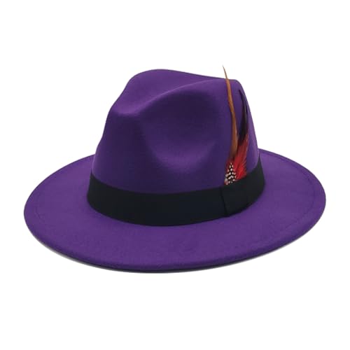 Mens Fedora Hats Classic Wide Brim Fedora Hat for Women Men Dress Hats Panama Hat with Band - color: Purple