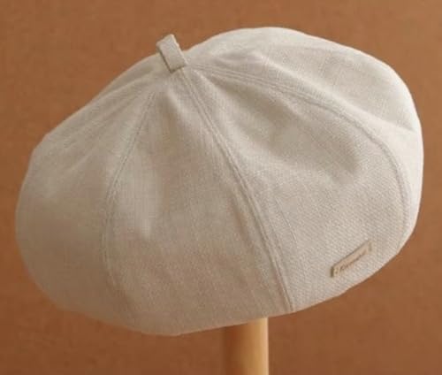 Women's Cotton Linen Beret Hat Vintage French Breathable Slouchy Beanie Cap Casual Painters Hat for Spring Summer - color: Beige