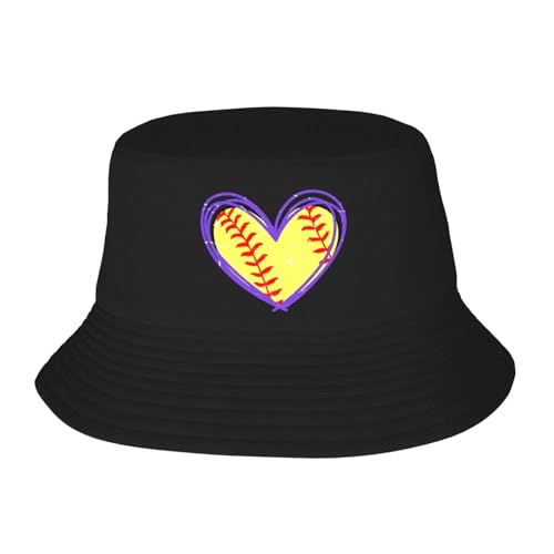 Bucket Hats Fashion Sun Cap Packable Outdoor Fisherman Hat for Women and Men Softball Leopard Love Bucket Hats - color: Love Hear Softball Black 4