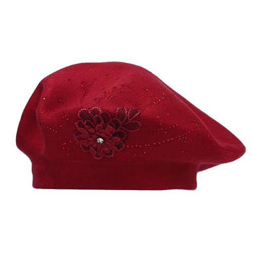 French Style Flower Embroidery Beret - Soft Knitted Solid Color Hat for Women & Girls Accessory, 22-23.6in