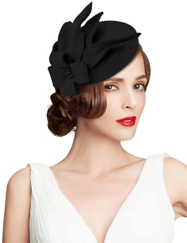 Wool Fascinator Pillbox Hat Winter British Wool Felt Hat for Women Wedding Church Hat Flower Fedoras - color: 2021 Black