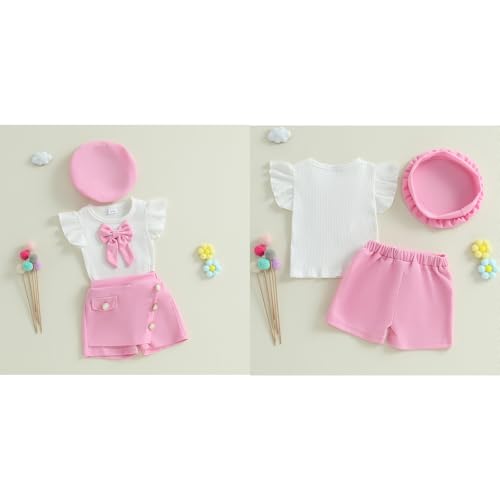 Baby Girls Fly Sleeve 3D Bow Rib Knit Shirt + Irregular Skorts + Beret Hat - color: Pink, size: 6-9 Months