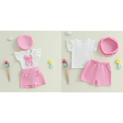 Baby Girls Fly Sleeve 3D Bow Rib Knit Shirt + Irregular Skorts + Beret Hat - color: Pink, size: 6-9 Months