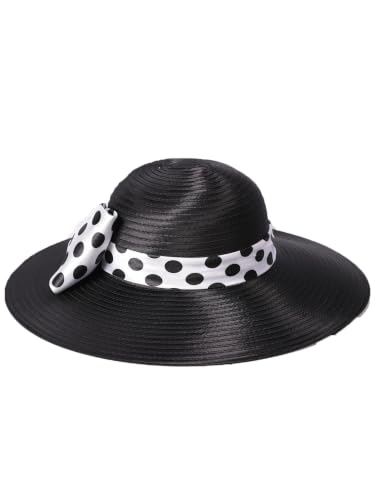 Women Wide Brim Rose Black Patchwork Kentucky Hat for Wedding Party Hat Big Bowknot Polka Dots Fedora Hats - color: Black