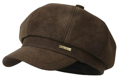 Womens 8 Panel Suede Newsboy-Cap Fall Winter Cabbie Beret Cap Retro British Gatsby Ivy Painter Visor Hat - color: Coffee