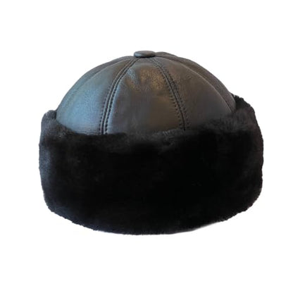 Lukkizara Winter Leather Hat Shearling Sheepskin Fur Beanie Hat - color: Black, size: X-Large