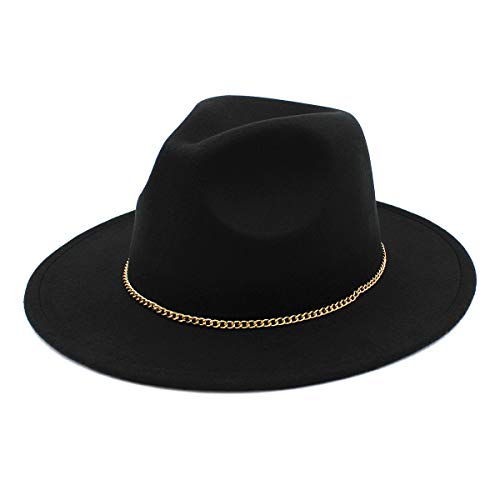 Premium 3" Wide Brim Solid Color Felt Gold Chain Fedora Panama Hat - color: Black