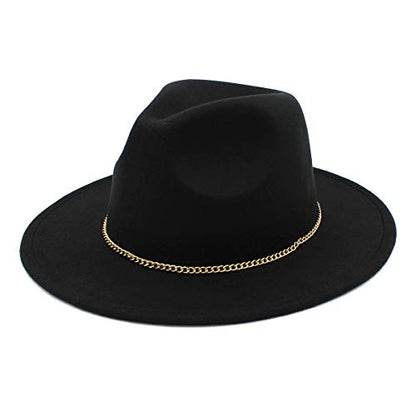 Premium 3" Wide Brim Solid Color Felt Gold Chain Fedora Panama Hat - color: Black