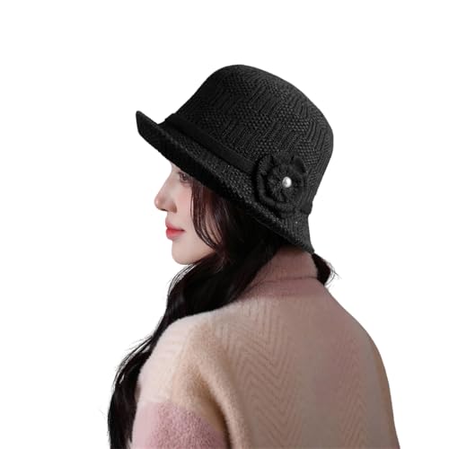 Crochet Bucket Hat for Women, Winter Flower Knitted Cap - color: Black
