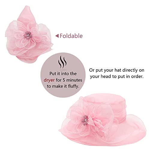 AQOKKA Women Organza Church Fascinators Kentucky Derby Hats for Women and Girls Wedding Flower Tea Party Hat with Wide Brim - color: Simulated Flower : Pink