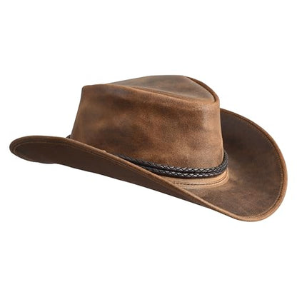 Sidewinder Mens Cowboy Leather Hat Western Style Unisex Shapeable Outback Classic Braided Hatband - color: Tan, size: Large