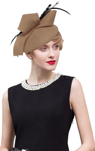 Women's Vintage 100% Wool Felt Cloche Bucket Bowler Hat Winter Vintage Bow Fedoras Church Fascinator - color: 01-khaki