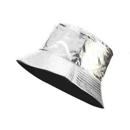 yolrdiw Unisex Fashion PU Leather Bucket Hat Glossy Reversible Rain Waterproof Fishmen Cap - color: Silver