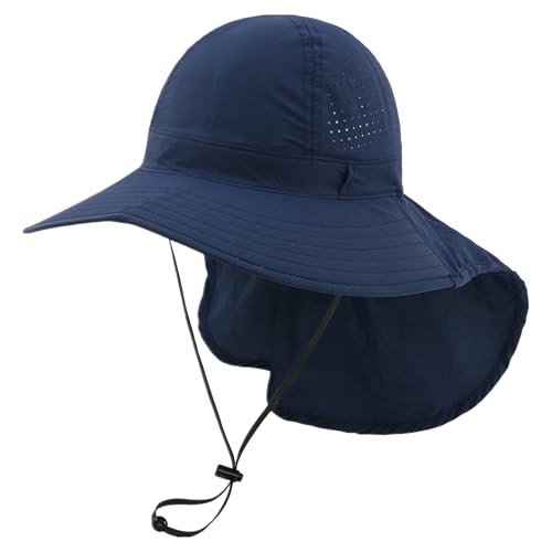 Sun Hats for Men Women with Neck Flap UPF 50+ UV Protection Wide Brim Bucket Hat Safari Hiking Fishing Hats - color: Navy