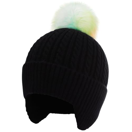 Toddler Earflap Beanie Hat with Rainbow Pom for Little Girls Knitted Beanies Kids Winter Skiing Caps Age 3-8 - color: Black