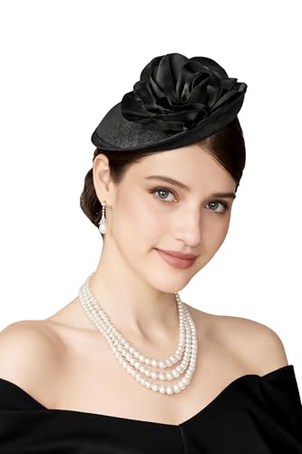 Coucoland Sinamay Flower Fascinators Hats for Women Pillbox Derby Headpiece - color: Black