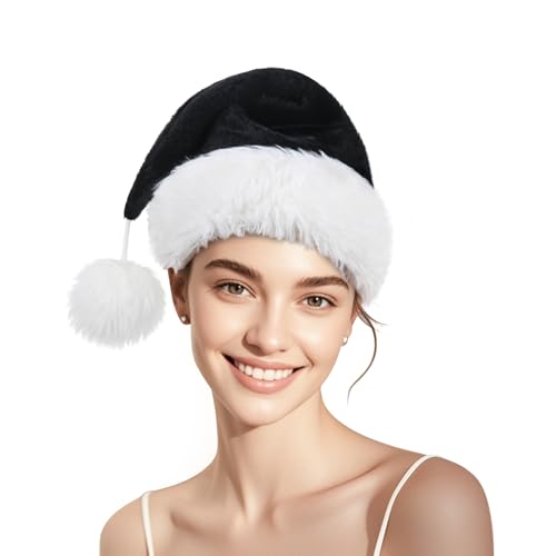 Personalized Santa Hat for Adults, Super Soft Plush Holiday Christmas Hat, Xmas New Year Party Headwear - color: Plush-black