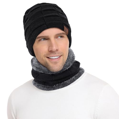 FZ FANTASTIC ZONE Men's Winter Beanie Hats Neck Warmer Warm Infinity Scarf - color: Pure Black