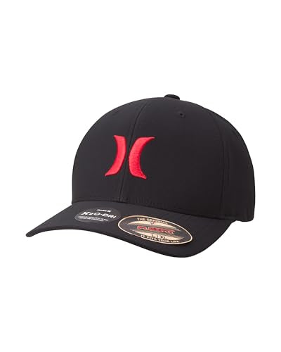Hurley Mens Baseball Cap Curved Brim Moisture Wicking Flexfit Fitted Hats - color: Black/Red, size: Large-X-Large