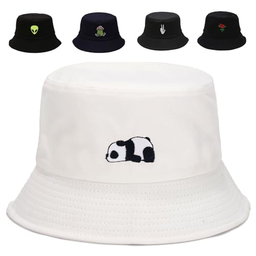 Cotton Bucket Hat for Women Men Summer Travel Sun Beach Bucket Cap, Unisex Outdoor Fisherman Hat - color: Panda White