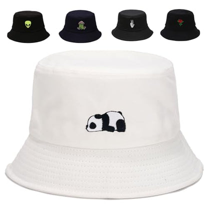 Cotton Bucket Hat for Women Men Summer Travel Sun Beach Bucket Cap, Unisex Outdoor Fisherman Hat - color: Panda White