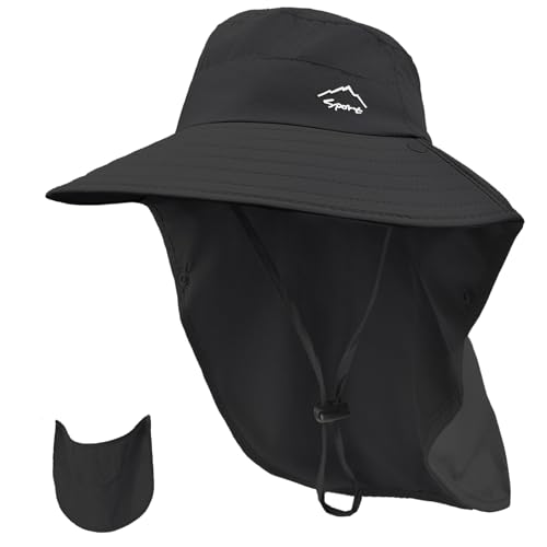 Rosoz Sun Hat for Men Women with Neck Flap& Removable Face Cover Wide Brim - color: 1pack-black