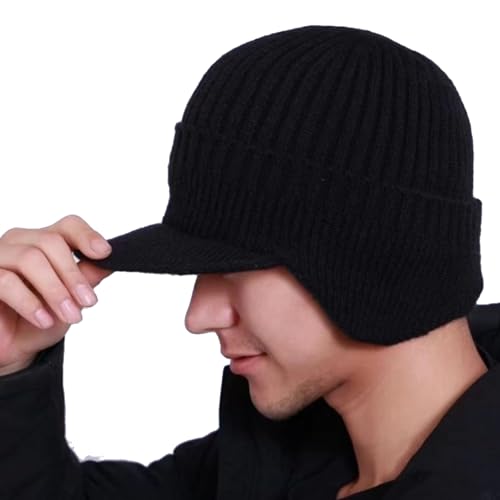 JHDESSLY Knit Beanies with Visor & Earflaps for Men and Women, Winter Hats Fleece Lined Hat Stocking Caps Soft Warm Headwear - color: Black