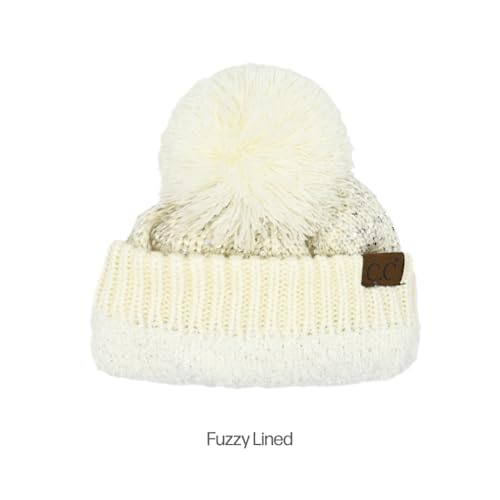 C.C Sequin Pom Beanie for Women - Acrylic Stretchable Soft Warm Knit Winter Skully Hat with Yarn Pom - color: Sequin-ivory / Silver