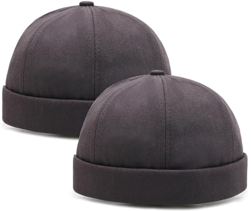 2 Pcs Mens Brimless Docker Cap Set - Retro Worker Sailor Skull Cap Beanie with Rolled Cuff - color: Gray