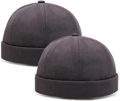 2 Pcs Mens Brimless Docker Cap Set - Retro Worker Sailor Skull Cap Beanie with Rolled Cuff - color: Gray