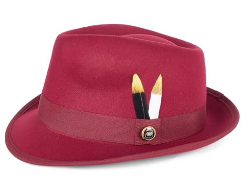 Fedora Hats for Men & Women Short Brim Felt hat Trilby Fedora with Feather Panama Dress Hat - color: Burgundy, size: Medium