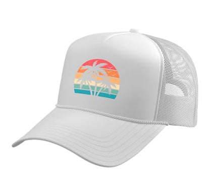 Retro Tropical Beach Palm Trees Hawaii Sunset Men Women Kids Trucker Hat with Adjustable Mesh Back - color: White