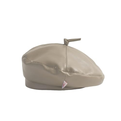 Women Classic PU Leather French Beret Beanie Hat Pumpkin Cap - color: Beige C#