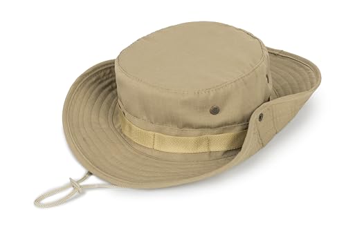 Cotton Fishing Bucket Hat Men Women Sun UV Protection Wind Chin Strap - color: Khaki - Wide Band