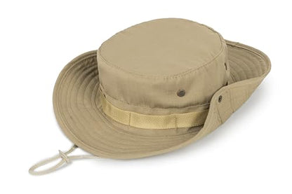 Cotton Fishing Bucket Hat Men Women Sun UV Protection Wind Chin Strap - color: Khaki - Wide Band