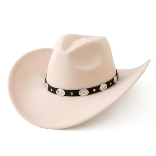 Lanzom Women Men Felt Wide Brim Western Cowboy Hats Belt Buckle Panama Hat - color: Beige, size: Medium-Large