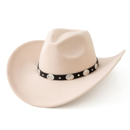 Lanzom Women Men Felt Wide Brim Western Cowboy Hats Belt Buckle Panama Hat - color: Beige, size: Small-Medium