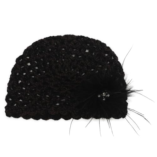 ZLYC Women Crochet Beanie Hat Summer Handmade Knit Decorated Skull Cap - color: Feather Black Mixed Brown Black