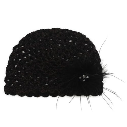 ZLYC Women Crochet Beanie Hat Summer Handmade Knit Decorated Skull Cap - color: Feather Black Mixed Brown Black