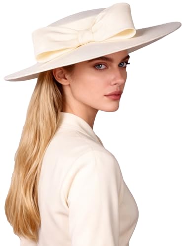 Wide Brim Hats for Women Big Bowknot Formal Occasion Kentucky Cap Lady Wedding Cocktail Party Flat Top Fedoras - color: Beige White