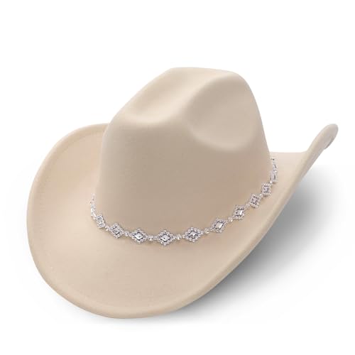 AQOKKA Western Cowboy Hat for Women Men Wide Brim Retro Felt Fedora Cowgirl Hats Classic Unisex Rolled up Caps Outdoor - color: Beige