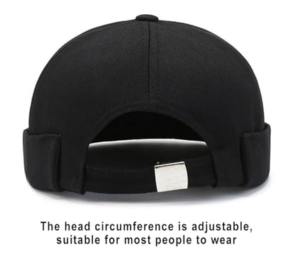 Mens Docker Cap – Brimless Beanie Skull Cap Retro Rolled Cuff Adjustable Cotton - color: Black